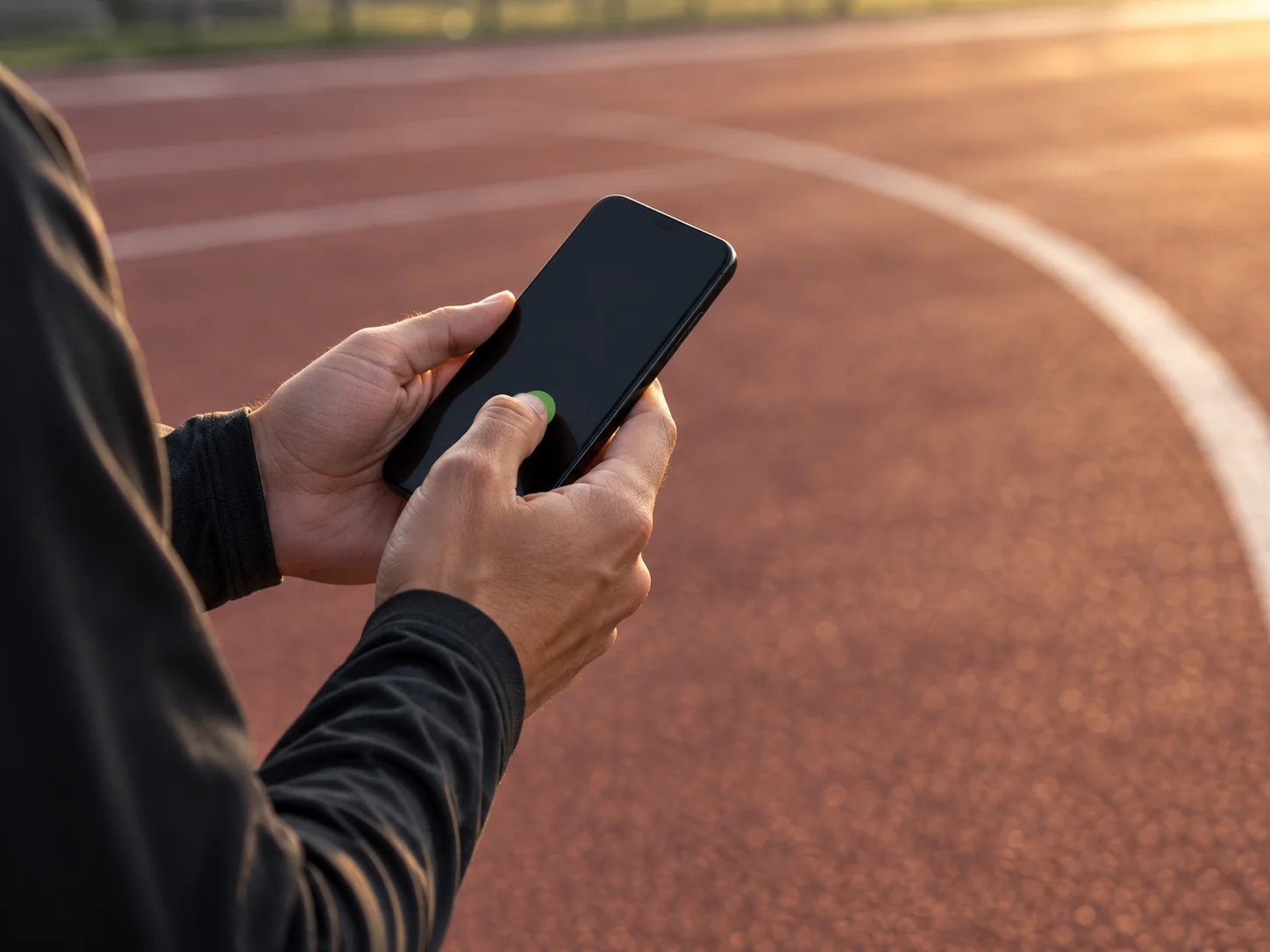 陸上トラックでスマートフォンのストップボタンを押す手元