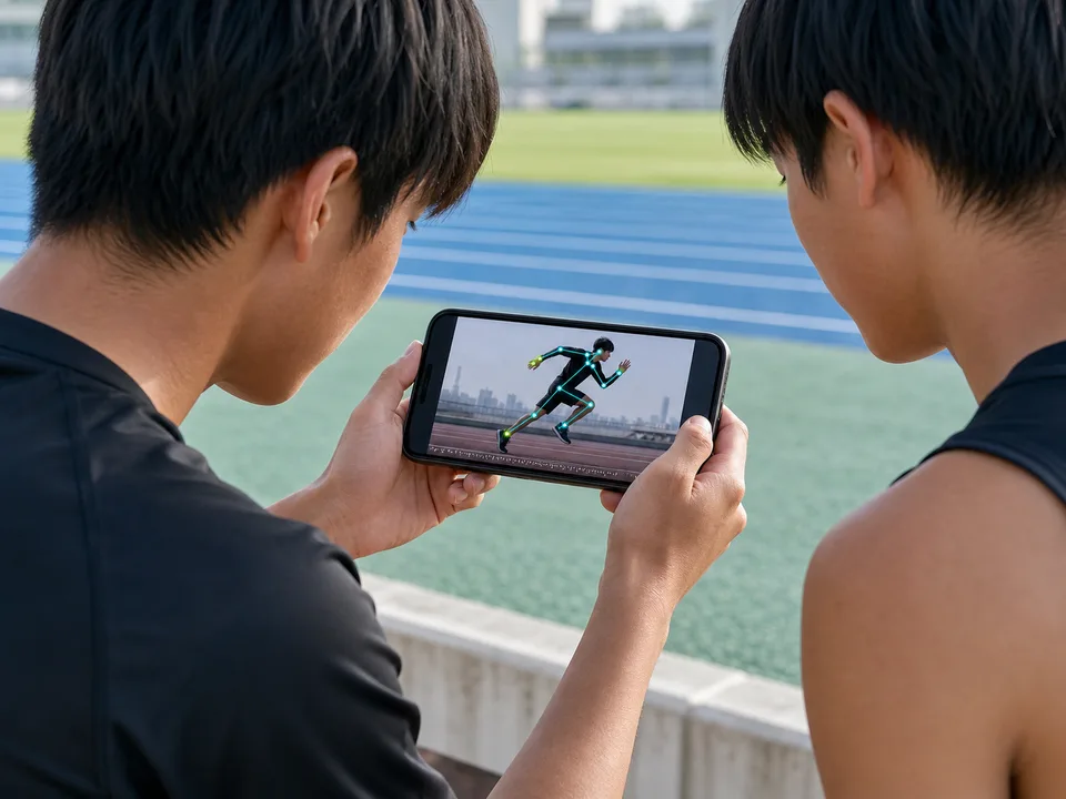 スマホ画面でフォームに骨格を重ねて確認している選手