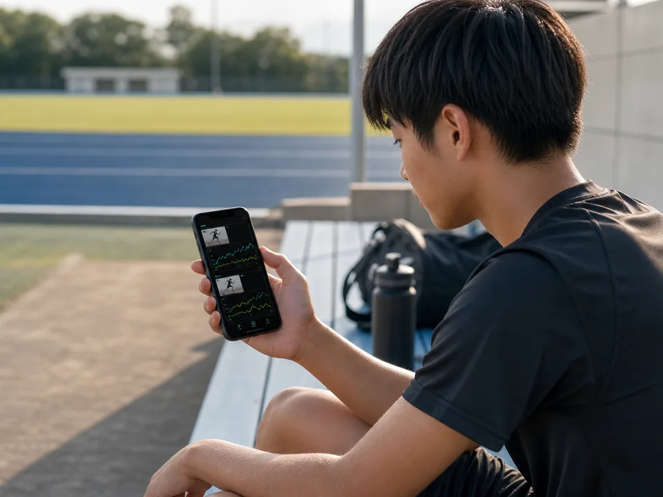 練習後に解析結果のグラフをスマホで見返している選手