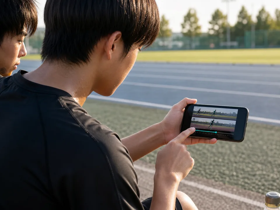 スマホで撮った練習動画を選んでいる選手